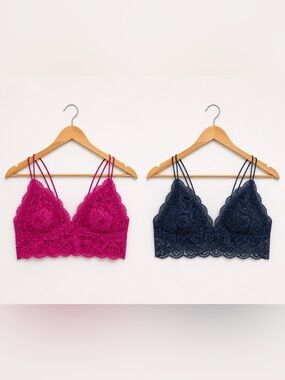 Two Victoria’s Secret Lace cross strap Bralettes- Magenta and Navy XL